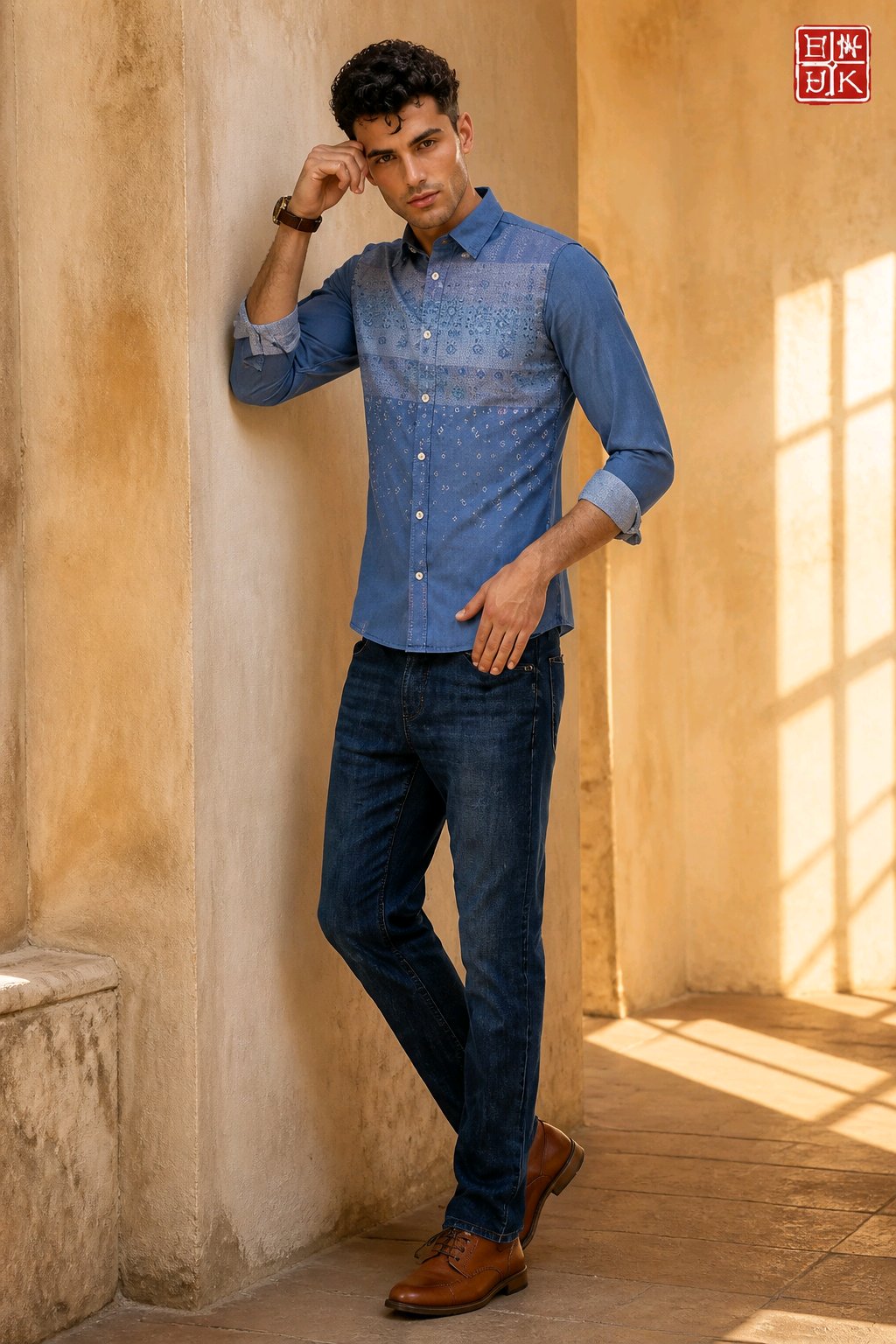 A man wearing a blue patterned long-sleeve button-up shirt, dark blue jeans, and brown leather shoes, leaning against a textured beige wall in a sunlit room.