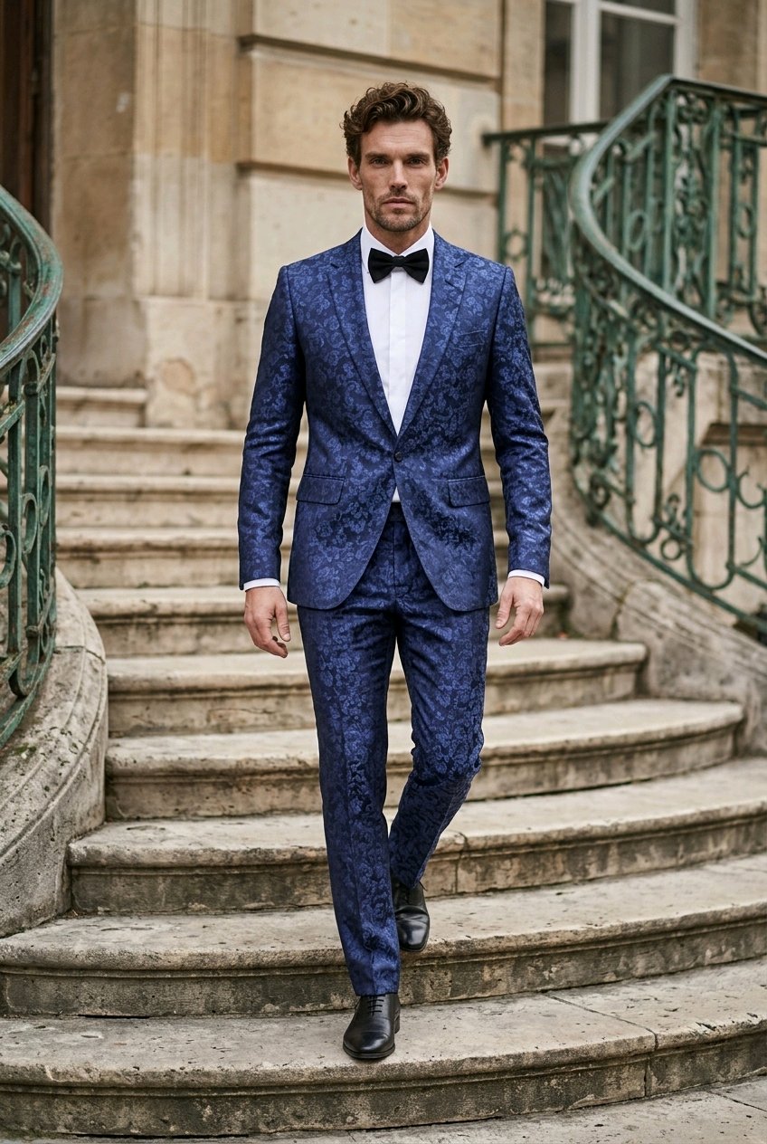 A man wearing a blue patterned suit with a white shirt and black bow tie walks down stone stairs in front of a building with green metal railings.