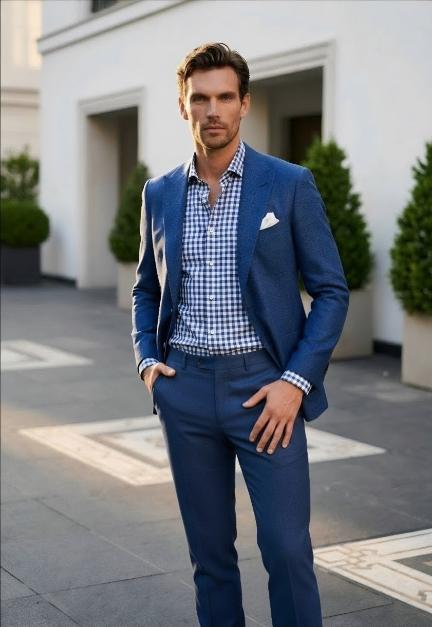 A man wearing a blue suit with a blue and white checkered shirt, standing outdoors in front of a white building.