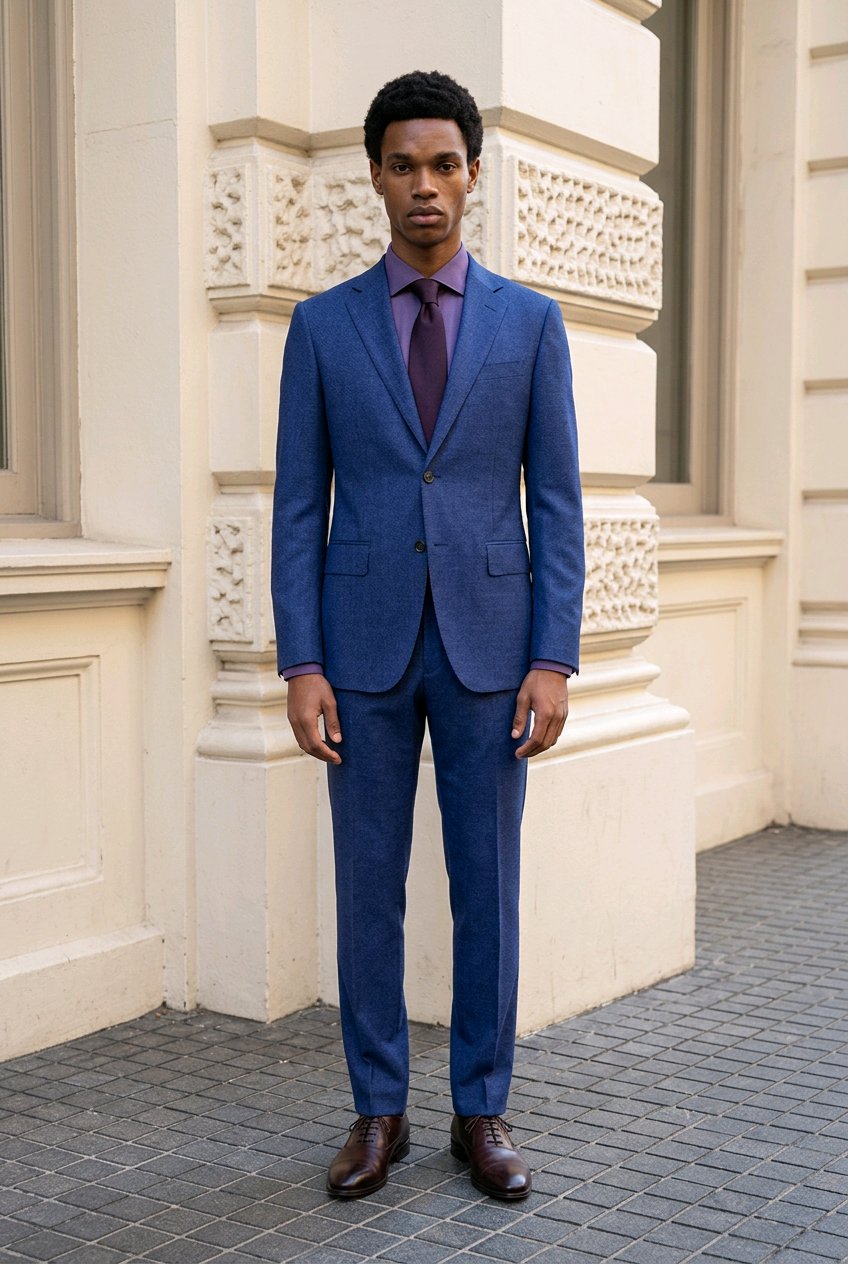 A man wearing a blue textured suit with a purple shirt and purple tie, standing outdoors in front of a cream-colored stone building.