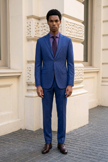 A man wearing a blue textured suit with a purple shirt and purple tie, standing outdoors in front of a cream-colored stone building.
