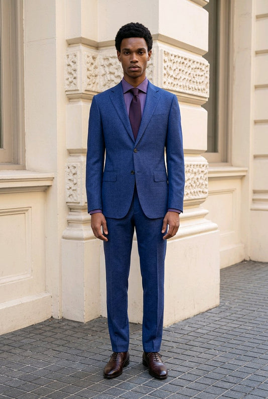 A man wearing a blue textured suit with a purple shirt and purple tie, standing outdoors in front of a cream-colored stone building.