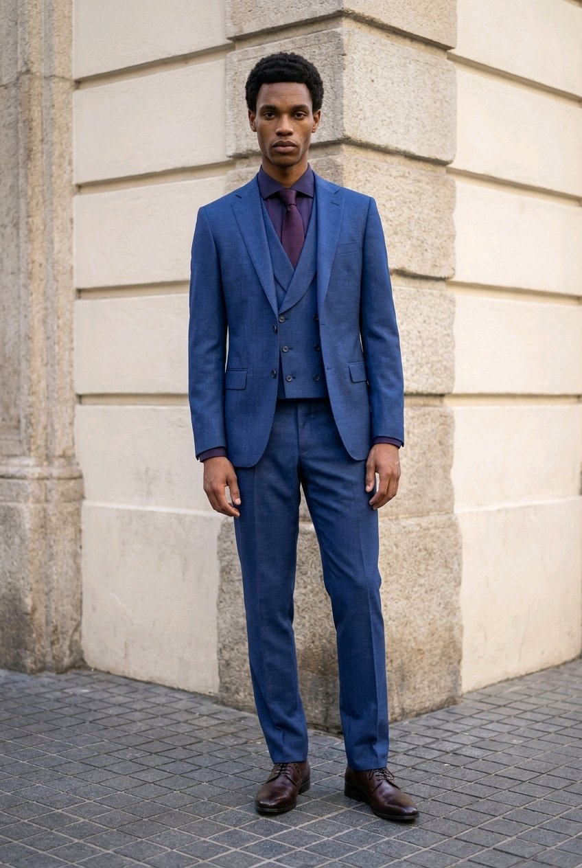 A man wearing a blue three-piece suit with a matching vest and trousers, paired with a dark purple tie and brown leather dress shoes, standing in front of a beige stone building corner.