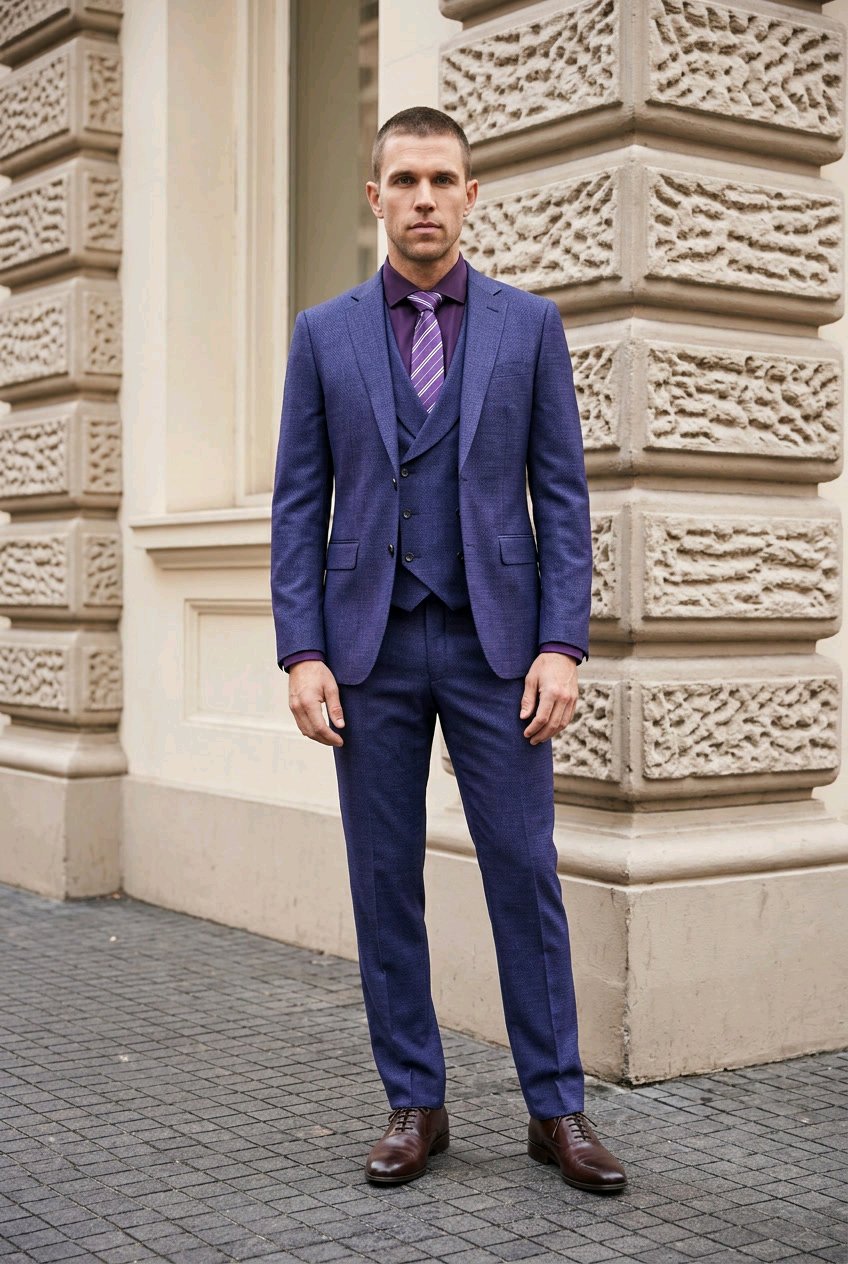 A man wearing a blue three-piece suit with a purple striped tie, standing outdoors in front of a beige stone building.
