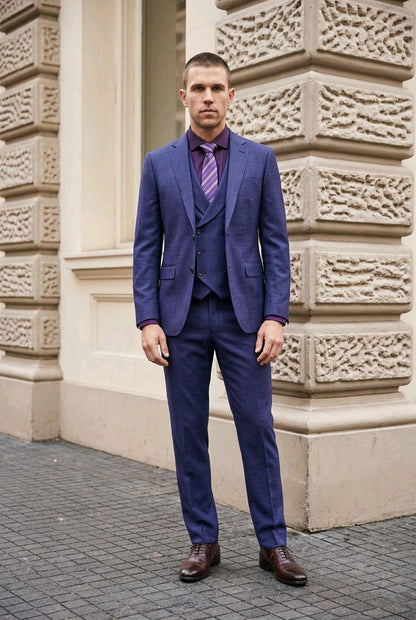 A man wearing a blue three-piece suit with a purple striped tie, standing outdoors in front of a beige stone building.