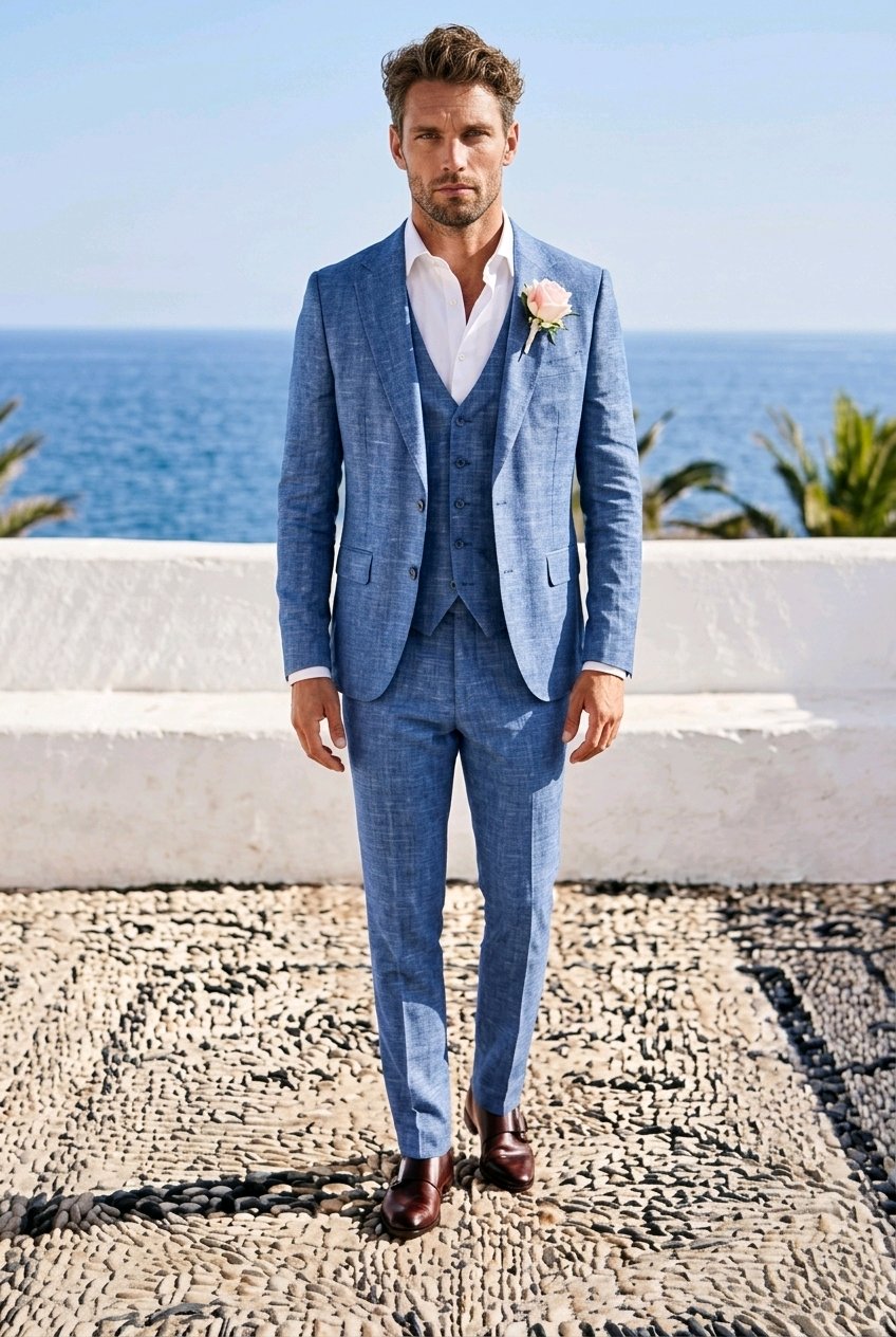A man wearing a blue three-piece suit with a white shirt and a pink boutonniere, standing outdoors on a stone path with the ocean and white wall in the background.