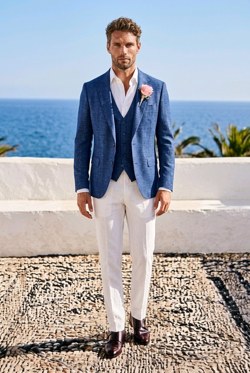 A man wearing a blue three-piece suit with white trousers and a pink boutonniere, standing outdoors on a stone path with the ocean and white wall in the background.