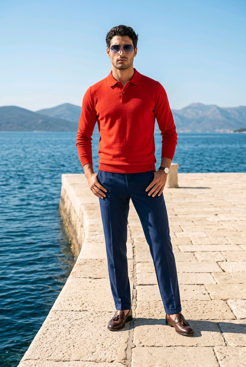 A man wearing a bright red long-sleeve polo sweater, navy blue trousers, and brown leather loafers stands on a stone pier with a sea and mountains in the background.