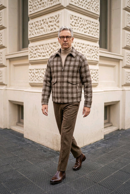 A man wearing a brown and beige plaid zip-up jacket, brown trousers, and brown leather shoes walks along a paved street in front of a cream-colored stone building.
