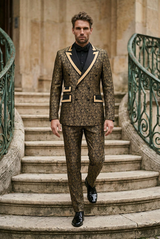 A man wearing a brown and black patterned suit with gold trim, a black shirt, and a black bow tie walks down stone stairs between green metal railings.