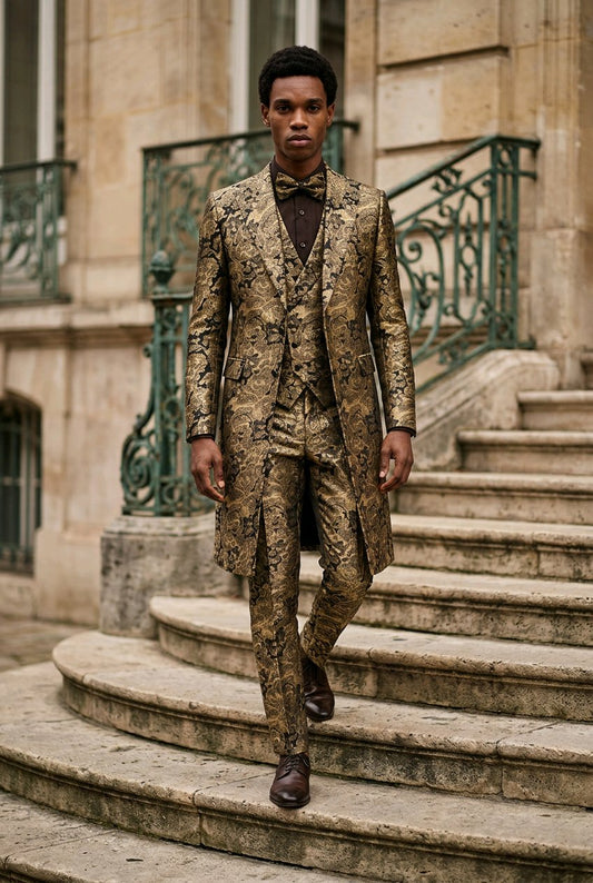 A man wearing a brown and gold patterned three-piece suit with a matching patterned overcoat, bow tie, and brown dress shoes walks down stone stairs in front of a classical building.