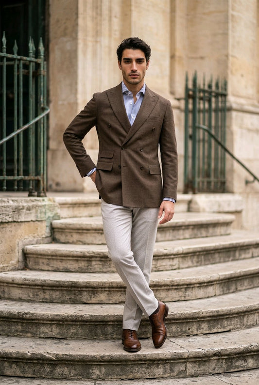 A man wearing a brown double-breasted blazer, light gray trousers, a light blue dress shirt, and brown leather shoes, standing on stone steps in front of a classical building.
