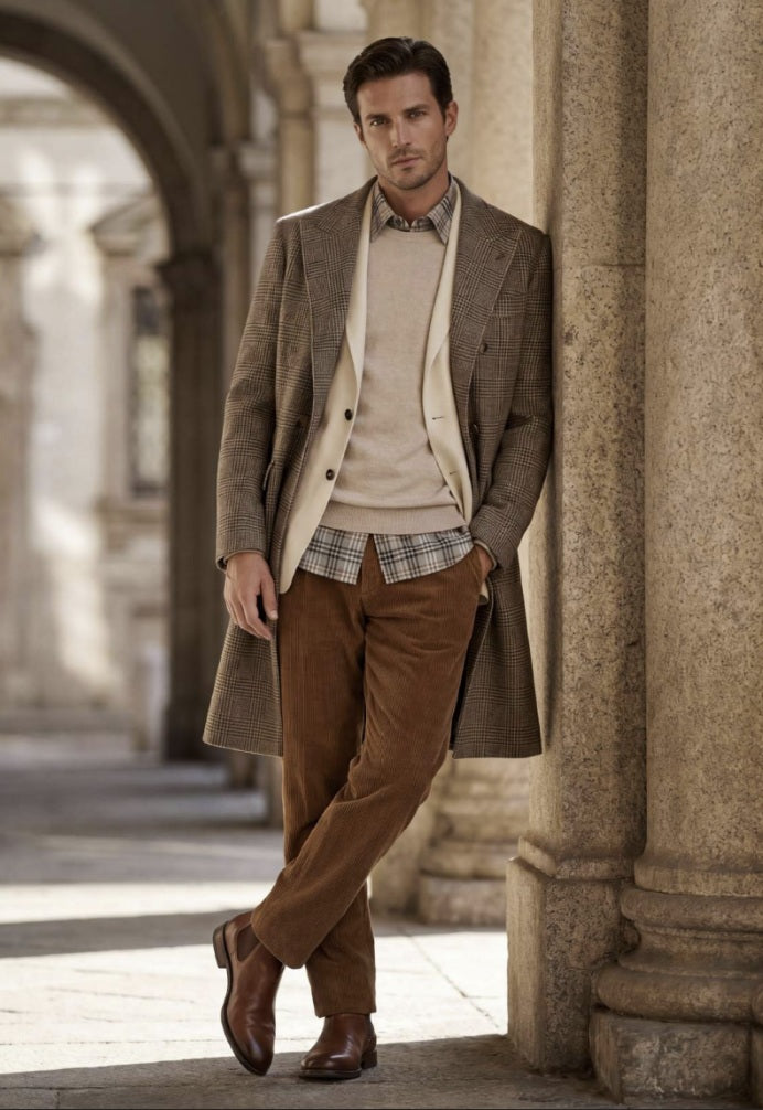 A man stands in a stone arcade wearing a brown double-breasted overcoat, cream sweater vest, plaid shirt, brown corduroy trousers, and brown leather shoes.