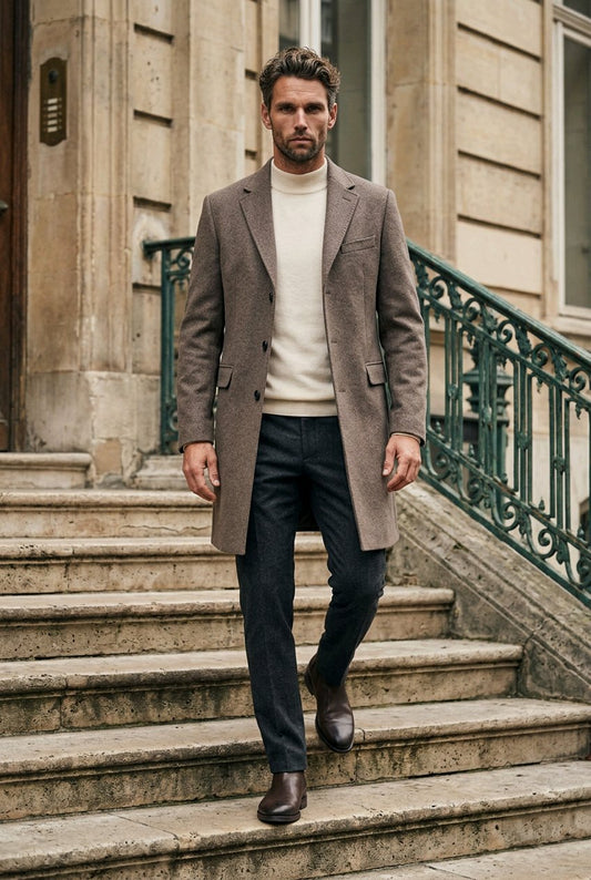 A man wearing a brown double-breasted overcoat, cream turtleneck sweater, dark trousers, and brown leather shoes walks down stone stairs in front of a classic stone building with a green metal railing.