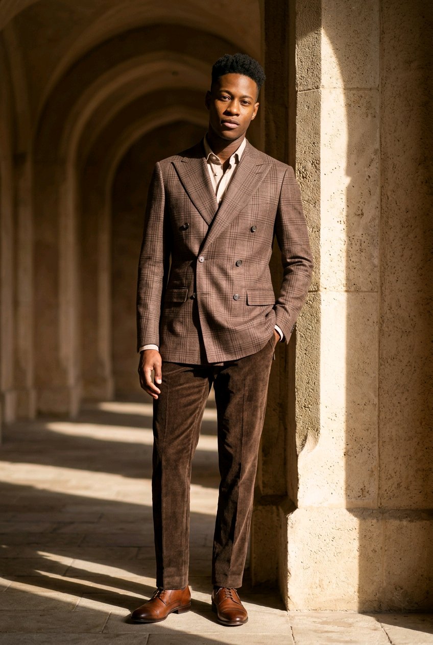 A man wearing a brown double-breasted suit with a subtle plaid pattern, a light-colored shirt, and brown leather dress shoes, standing in a stone colonnade with dramatic sunlight and shadows.