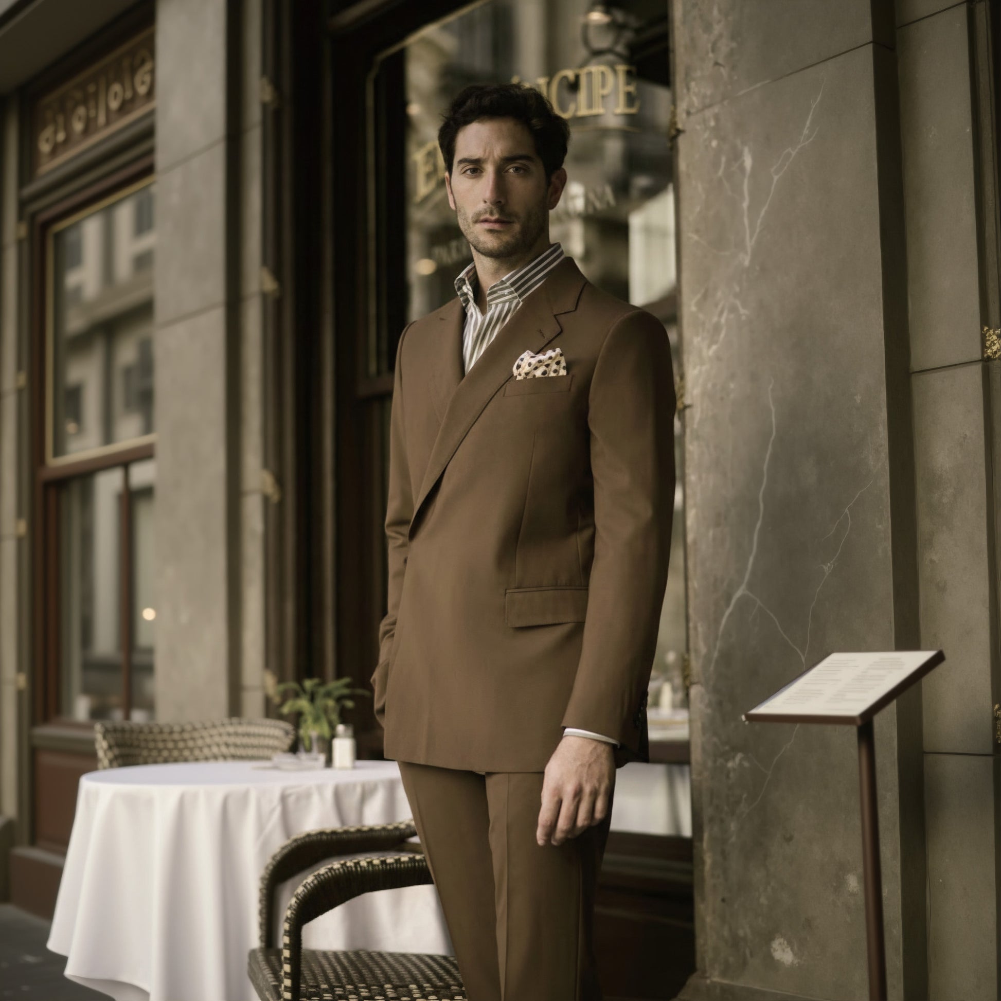 A man wearing a brown double-breasted, two-piece suit with a notched lapel and brown buttons.