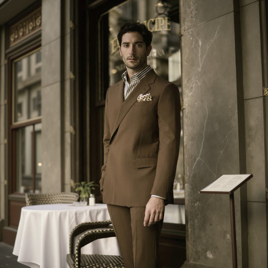 A man wearing a brown double-breasted, two-piece suit with a notched lapel and brown buttons.