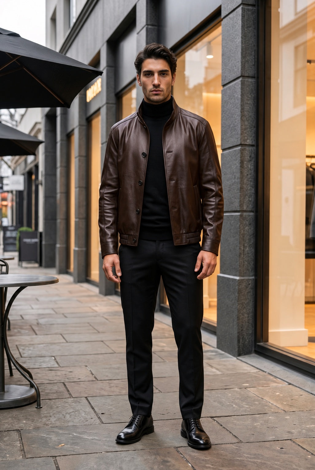A man wearing a brown leather jacket, black turtleneck, black trousers, and black leather dress shoes stands on a city sidewalk in front of a storefront.