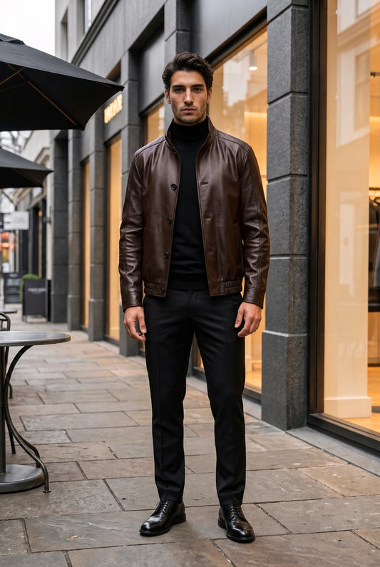 A man wearing a brown leather jacket, black turtleneck, black trousers, and black leather dress shoes stands on a city sidewalk in front of a storefront.