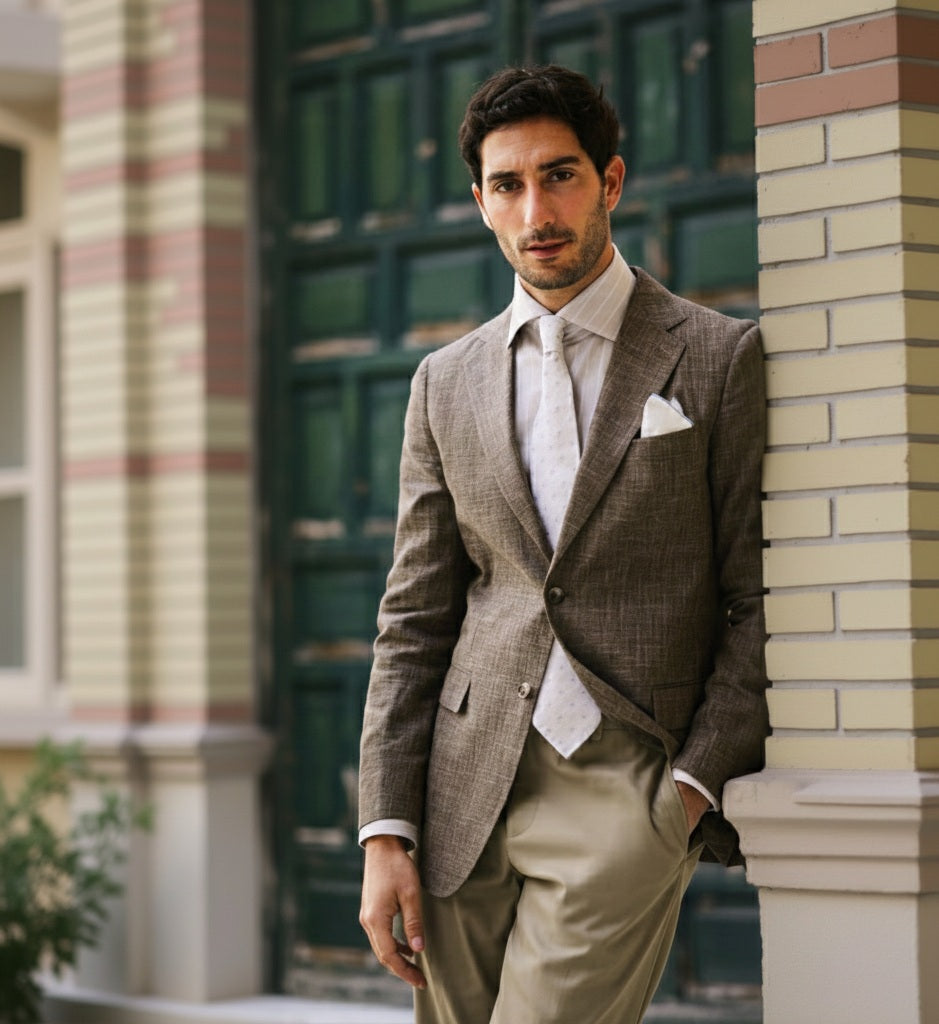 A man wearing a brown linen & cotton jacket with beige chino trousers, standing against a brick wall backdrop.