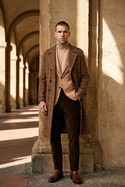 A man wearing a brown plaid overcoat over a tan turtleneck sweater, dark brown trousers, and brown leather boots, standing in a stone colonnade.