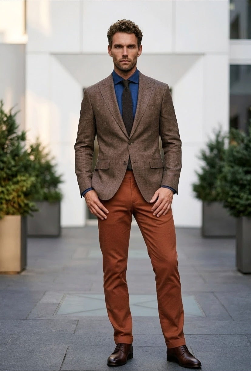 A man wearing a brown textured blazer, rust-orange trousers, a blue shirt, and a dark tie, standing outdoors in front of a modern white building.