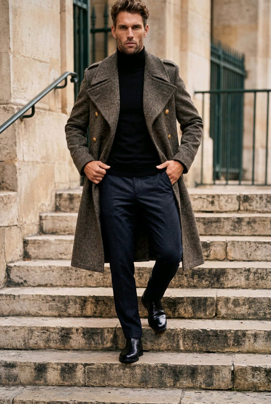 A man wearing a brown tweed double-breasted overcoat, black turtleneck sweater, dark trousers, and black leather shoes walks down stone steps outdoors.