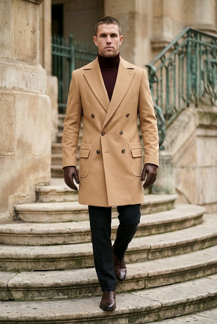 A man wearing a camel double-breasted overcoat, dark brown leather gloves, a dark burgundy turtleneck, black trousers, and brown leather shoes walks down stone steps in front of a classical building.