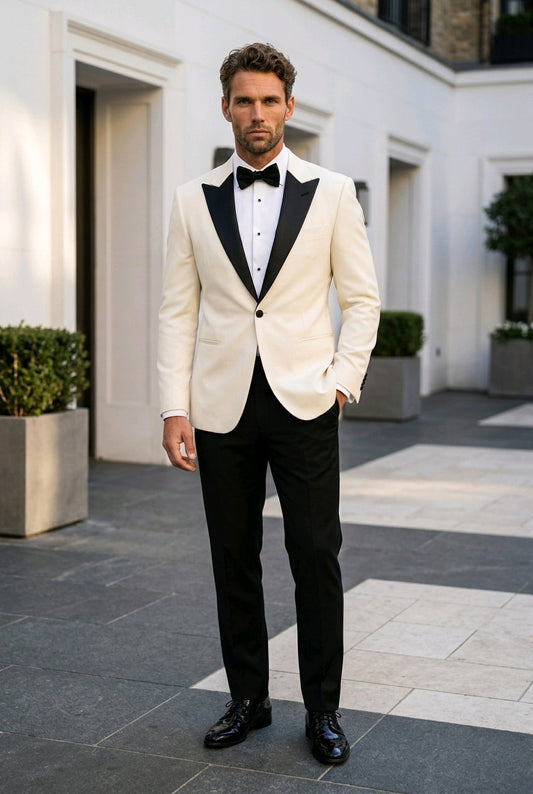 A man wearing a cream-colored tuxedo jacket with black satin lapels, black trousers, a black bow tie, and a white dress shirt, standing in an outdoor courtyard setting.