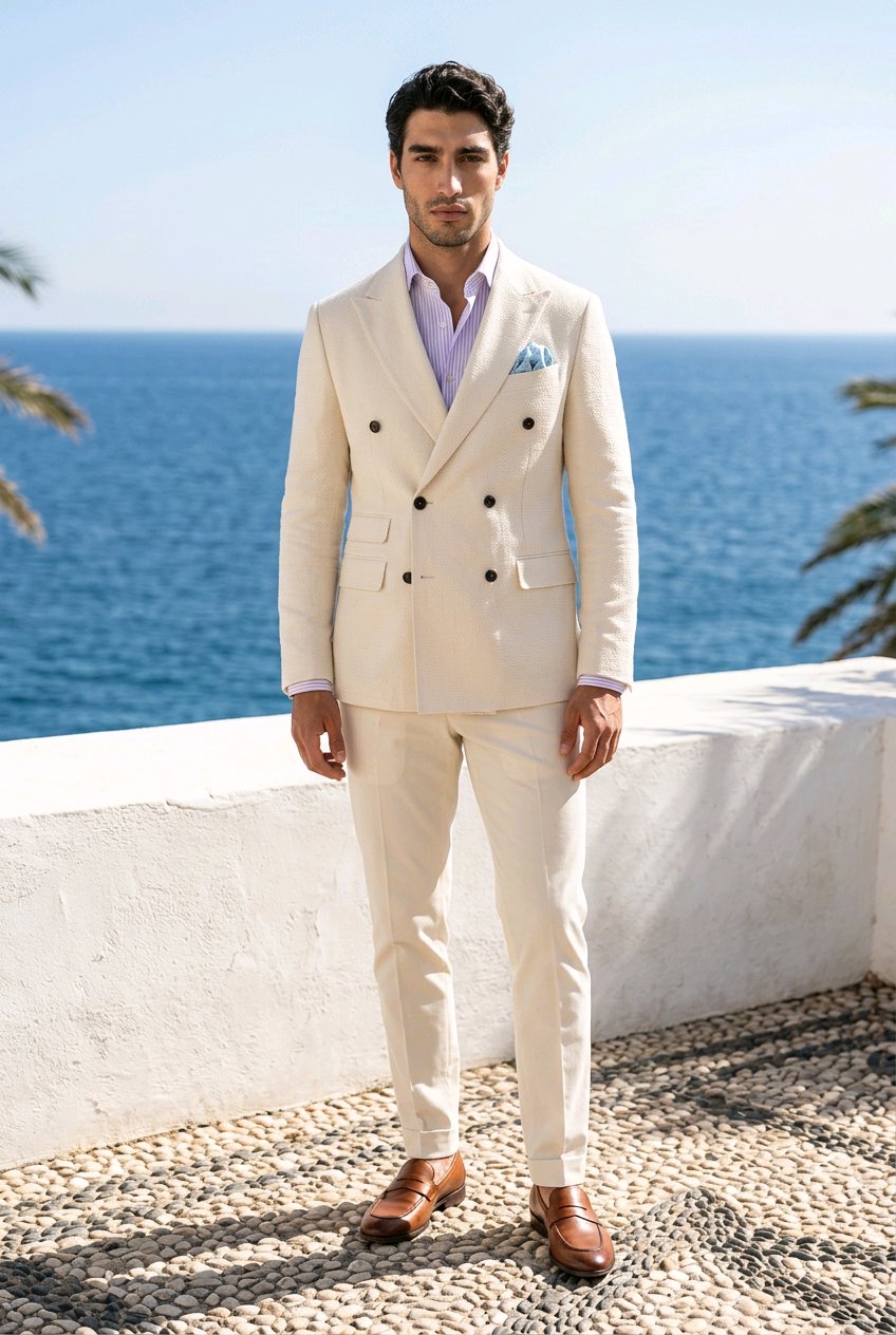 A man wearing a cream double-breasted suit with a light purple shirt and brown leather shoes, standing on a stone terrace with a blue ocean background.