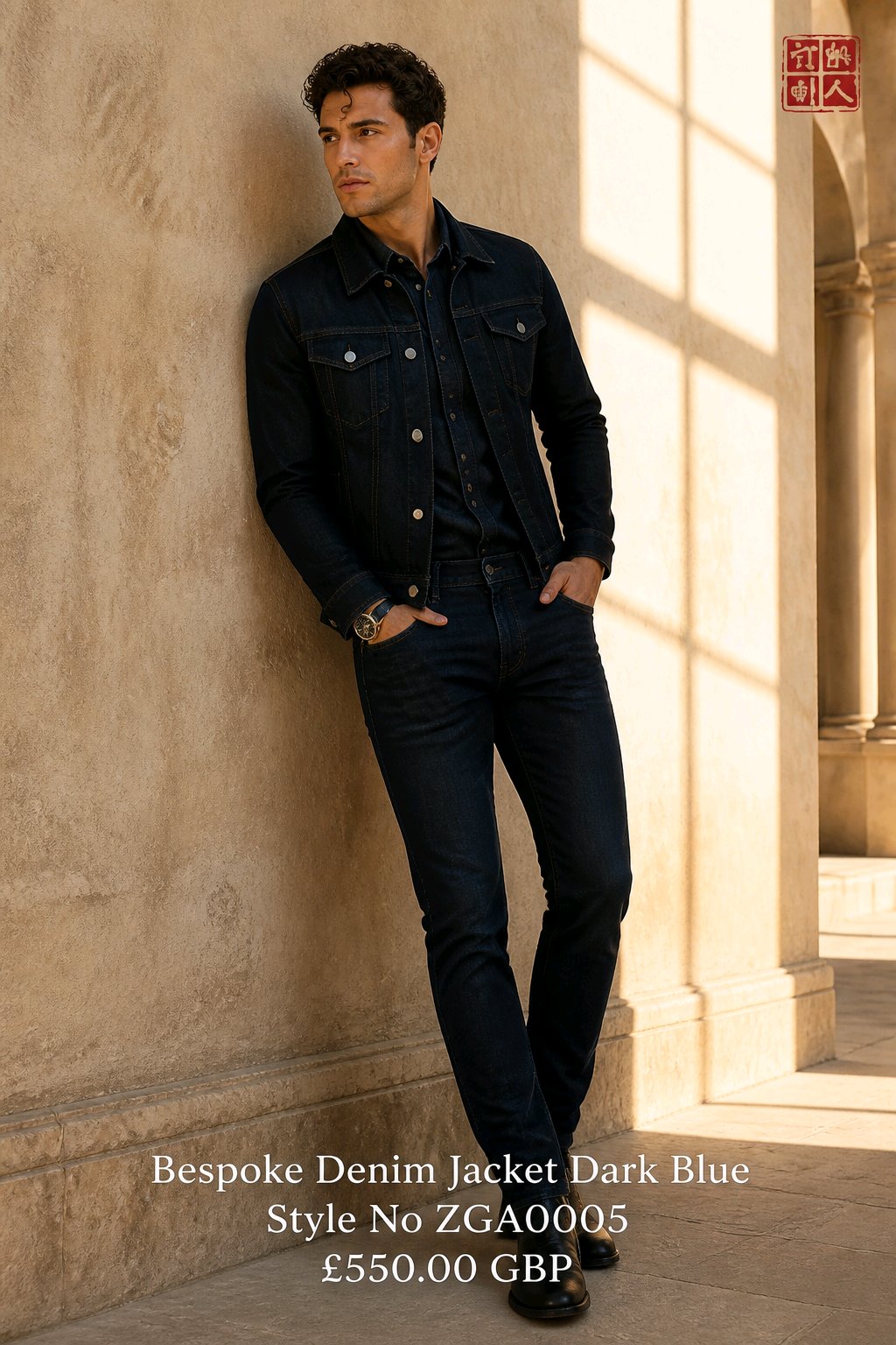 A man wearing a dark blue denim jacket and matching dark jeans leans against a beige stone wall in a sunlit architectural setting. Text at the bottom reads 'Bespoke Denim Jacket Dark Blue Style No ZGA0005 £550.