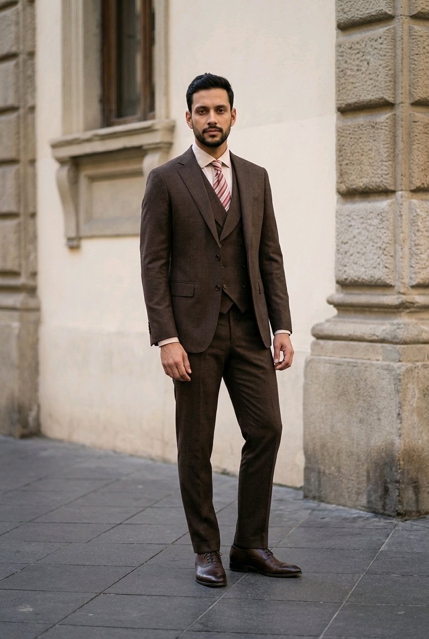 A man wearing a dark brown three-piece suit with a white dress shirt and a red-and-white striped tie, standing on a stone sidewalk in front of a beige building.