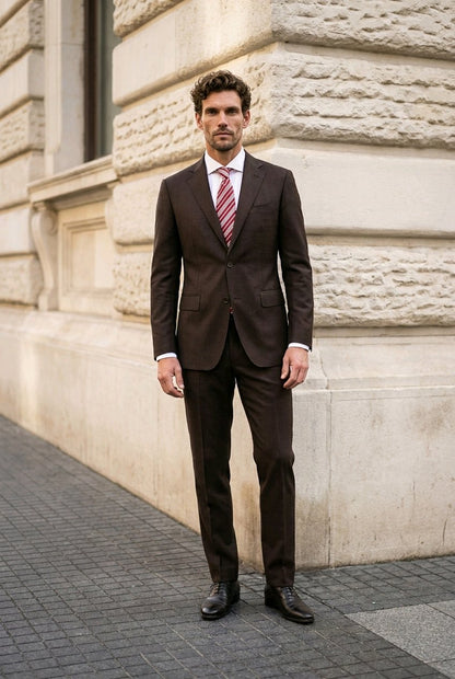 A man wearing a dark brown two-piece suit, white dress shirt, and a red and white striped tie, standing outdoors against a light-colored stone building.