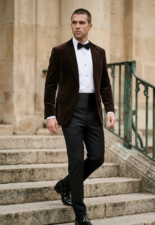 A man wearing a dark brown velvet tuxedo jacket, black trousers, a white dress shirt, and a black bow tie walks down stone stairs in front of a classical building.