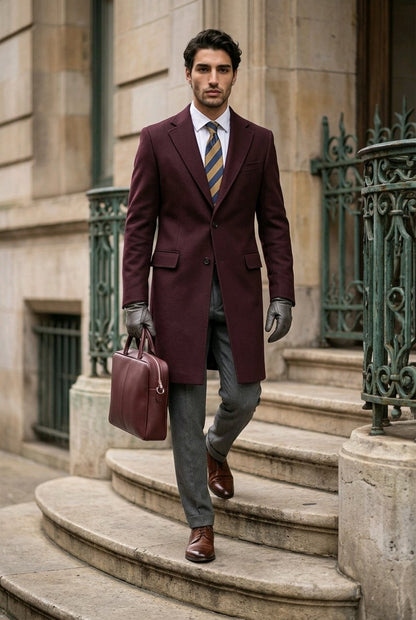 A man wearing a dark burgundy overcoat, gray trousers, a striped tie, and brown leather shoes walks down stone steps while carrying a matching burgundy briefcase.