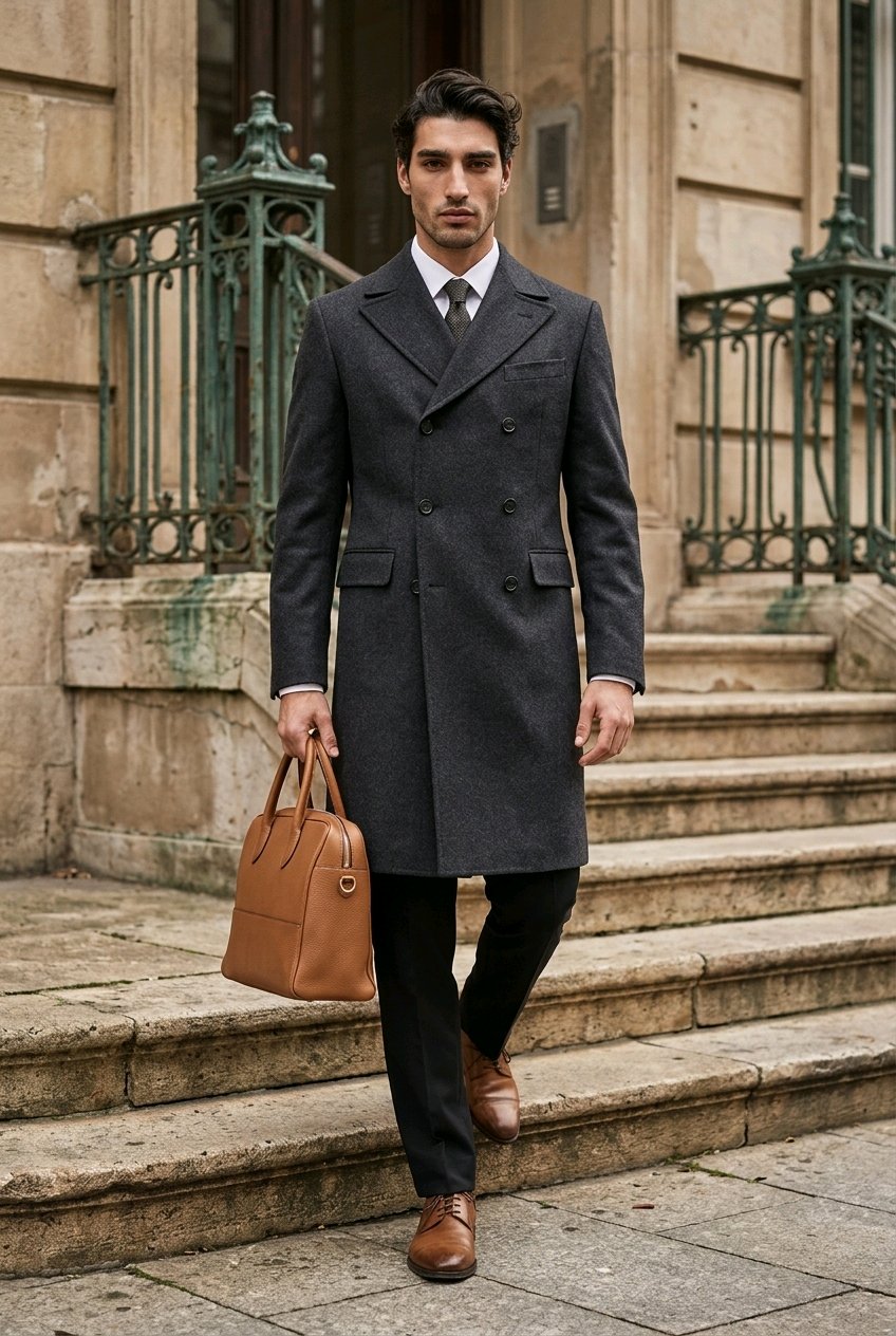 A man wearing a dark charcoal gray double-breasted overcoat, black trousers, a white shirt, and a tie walks down stone steps while carrying a tan leather briefcase.
