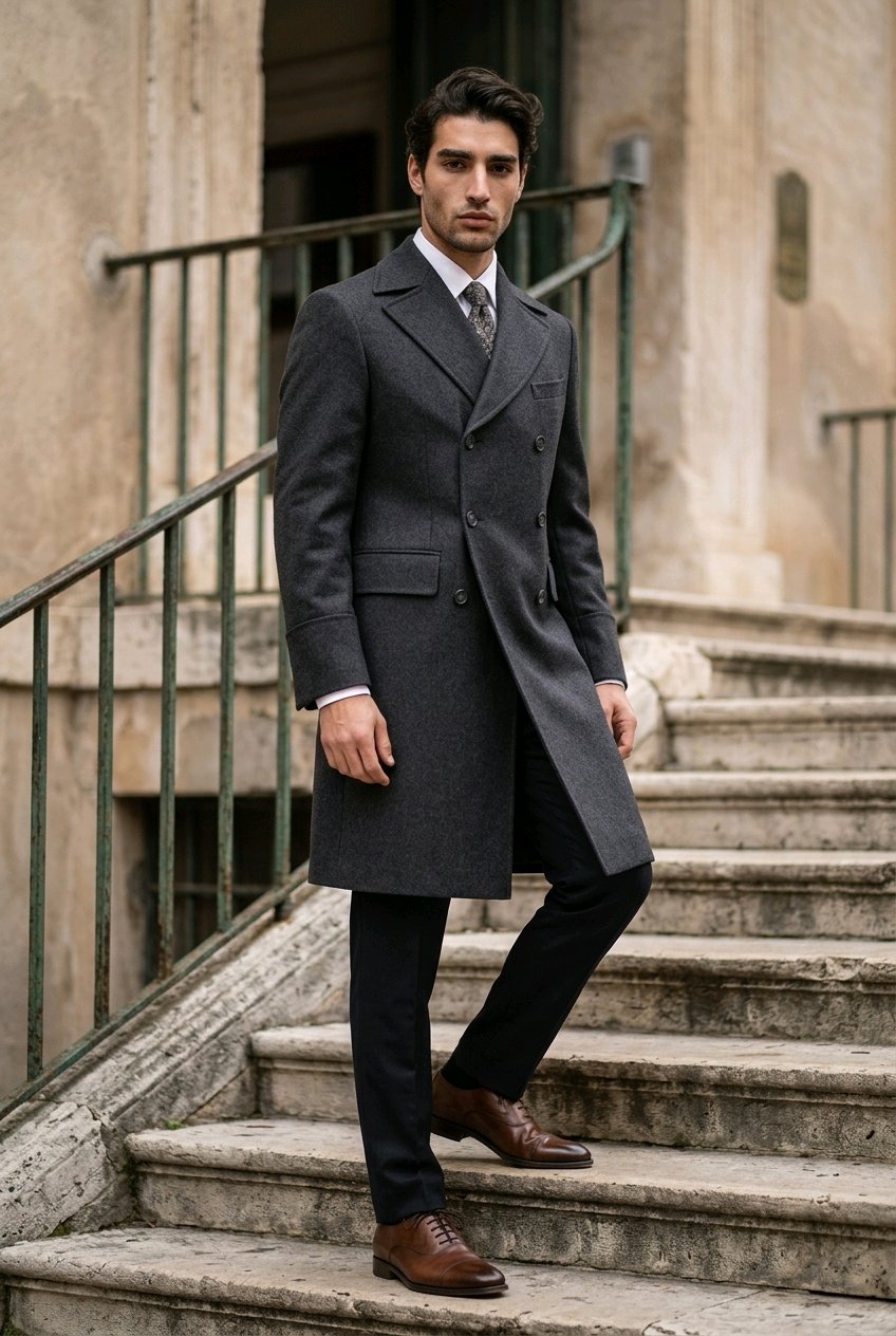A man wearing a dark charcoal gray double-breasted overcoat, black trousers, a white shirt, and brown leather dress shoes, standing on stone stairs in front of a building.