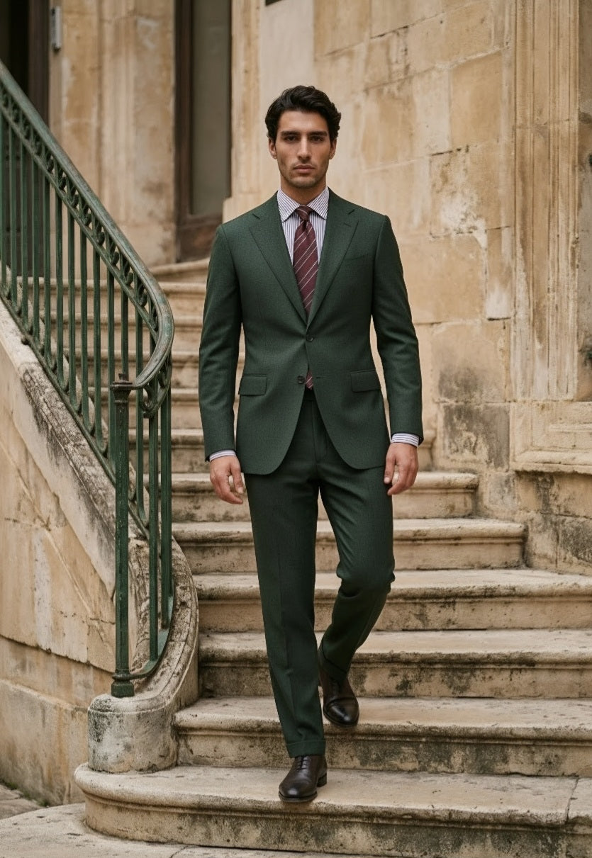 A man wearing a dark forest green two-piece suit, a light blue dress shirt, and a patterned purple tie walks down stone stairs next to a green metal railing.