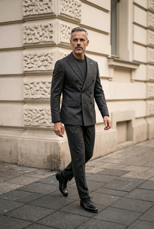 A man wearing a dark gray double-breasted suit with a black shirt and black dress shoes, walking on a paved street in front of a beige stone building.