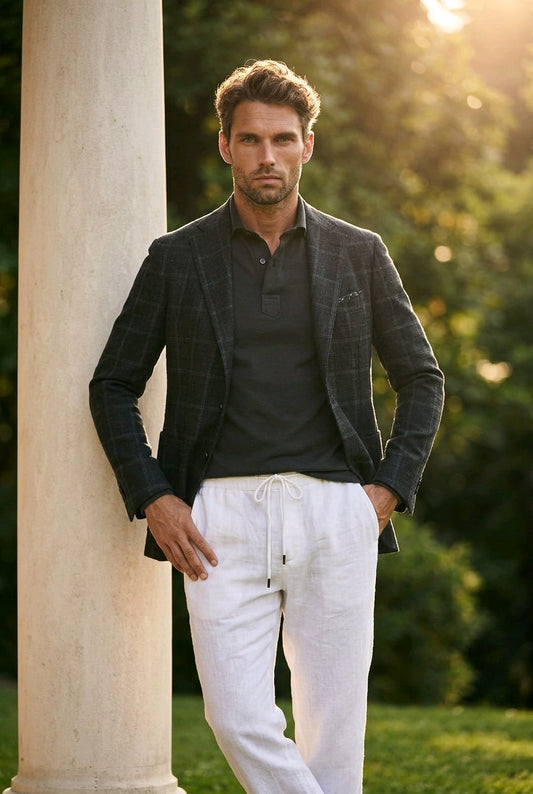A man wearing a dark gray plaid blazer over a black polo shirt and white drawstring trousers, leaning against a large stone column in an outdoor garden setting with warm sunlight.