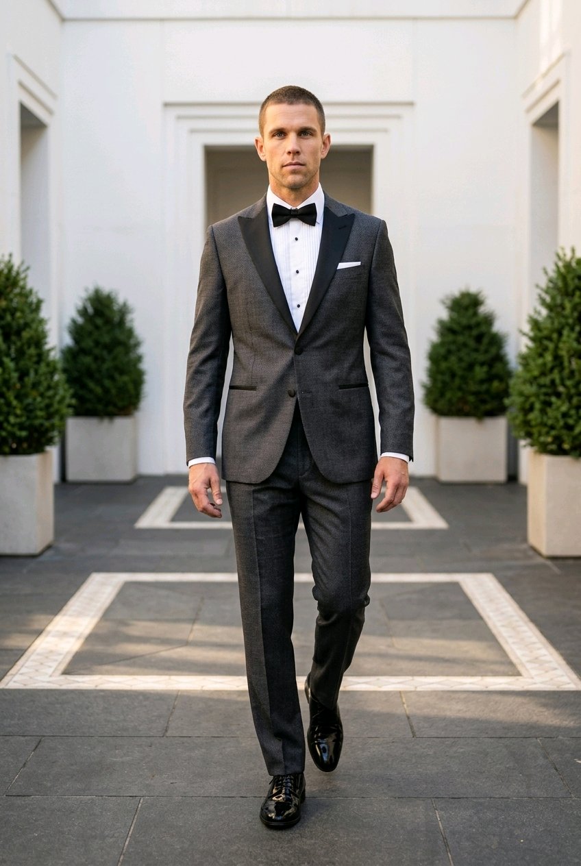 A man wearing a dark gray textured tuxedo with black satin lapels, a white dress shirt, and a black bow tie walks toward the camera in an elegant outdoor courtyard with white walls and potted greenery.