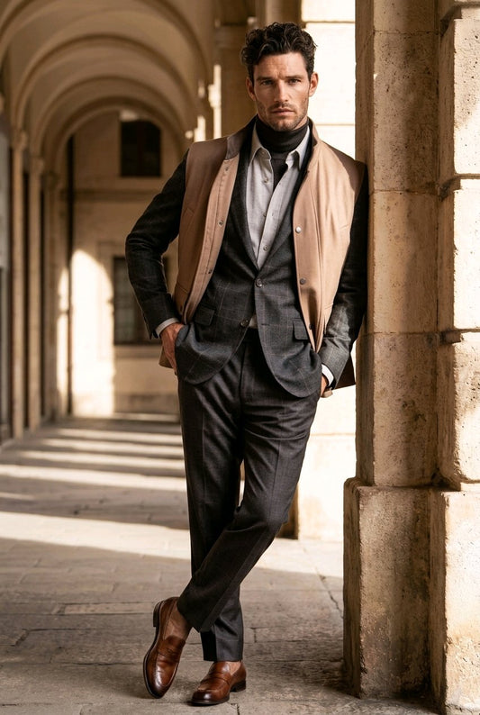 A man wearing a dark gray three-piece suit, a beige vest, a black turtleneck, and brown leather dress shoes, leaning against a stone column in an arched corridor.