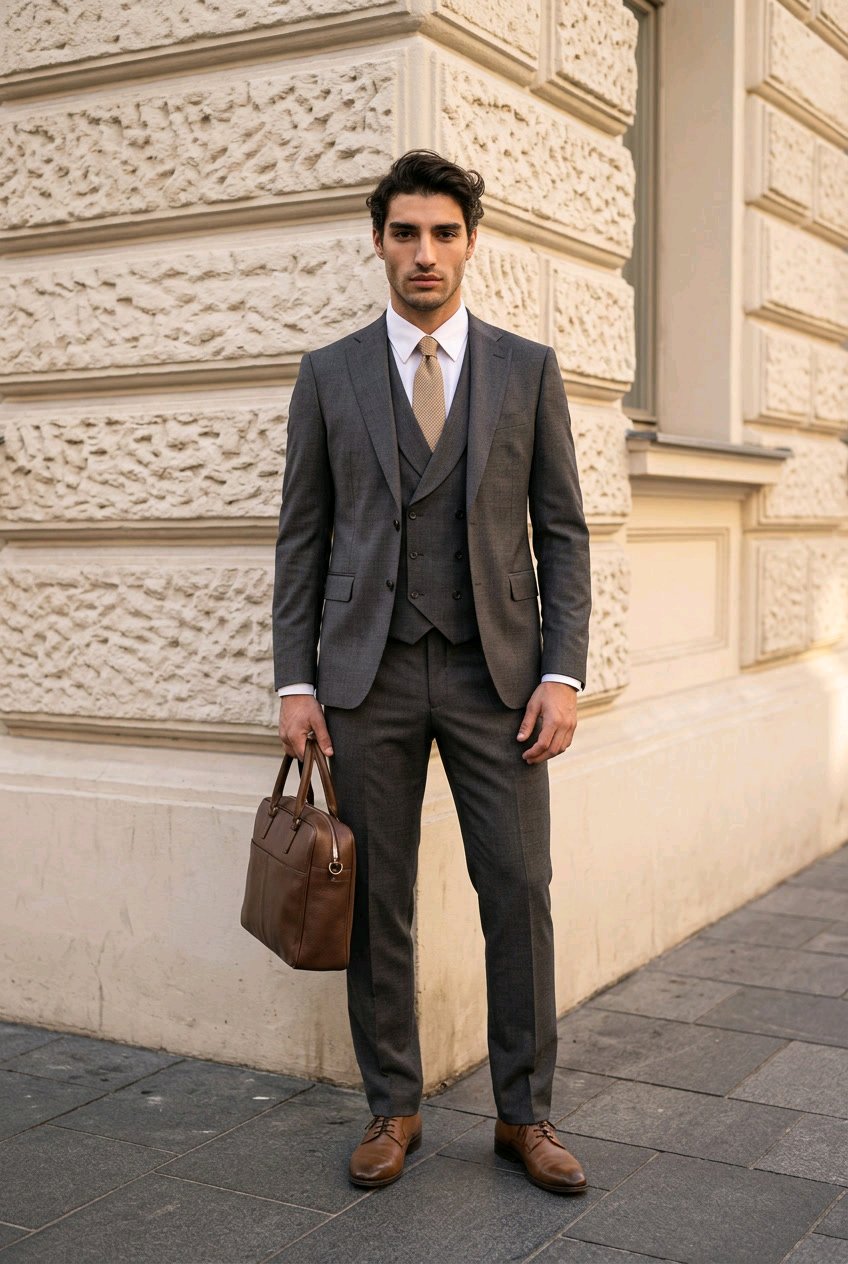 A man wearing a dark gray three-piece suit, white dress shirt, and beige tie stands on a stone sidewalk holding a brown leather briefcase against a textured beige building wall.