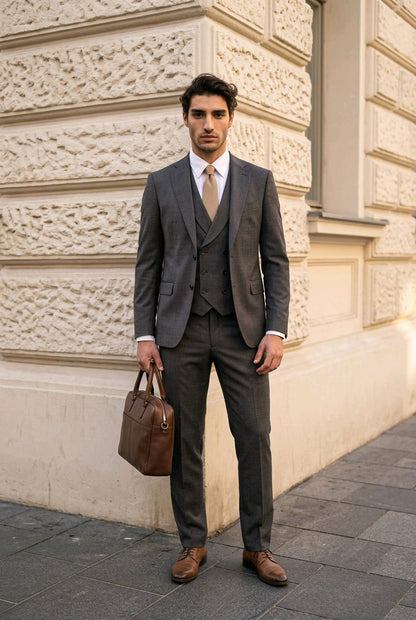 A man wearing a dark gray three-piece suit, white dress shirt, and beige tie stands on a stone sidewalk holding a brown leather briefcase against a textured beige building wall.