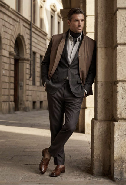 A man wearing a dark gray three-piece suit with a brown vest, light gray shirt, and brown leather loafers, leaning against a stone column in an outdoor urban setting.