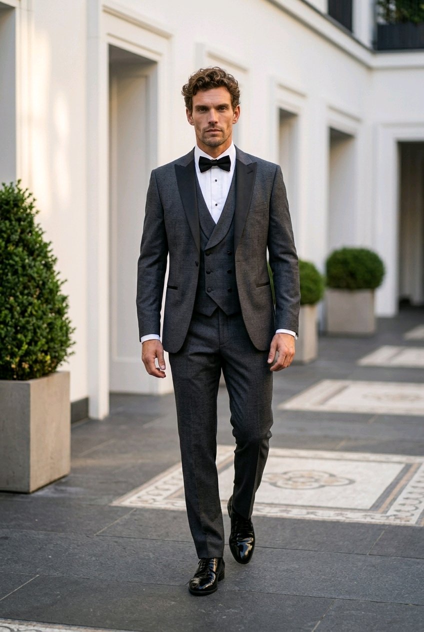 A man wearing a dark gray three-piece tuxedo with a white dress shirt and black bow tie walks outdoors in front of a white building with columns.