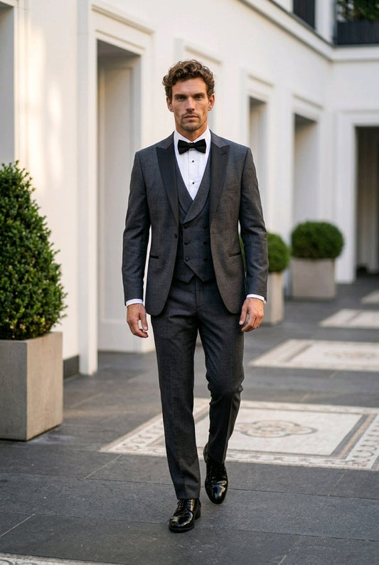 A man wearing a dark gray three-piece tuxedo with a white dress shirt and black bow tie walks outdoors in front of a white building with columns.