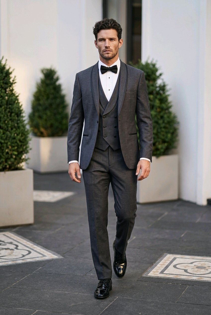 A man wearing a dark gray three-piece tuxedo with a white shirt, black bow tie, and black dress shoes, walking outdoors on a paved path with potted green shrubs.