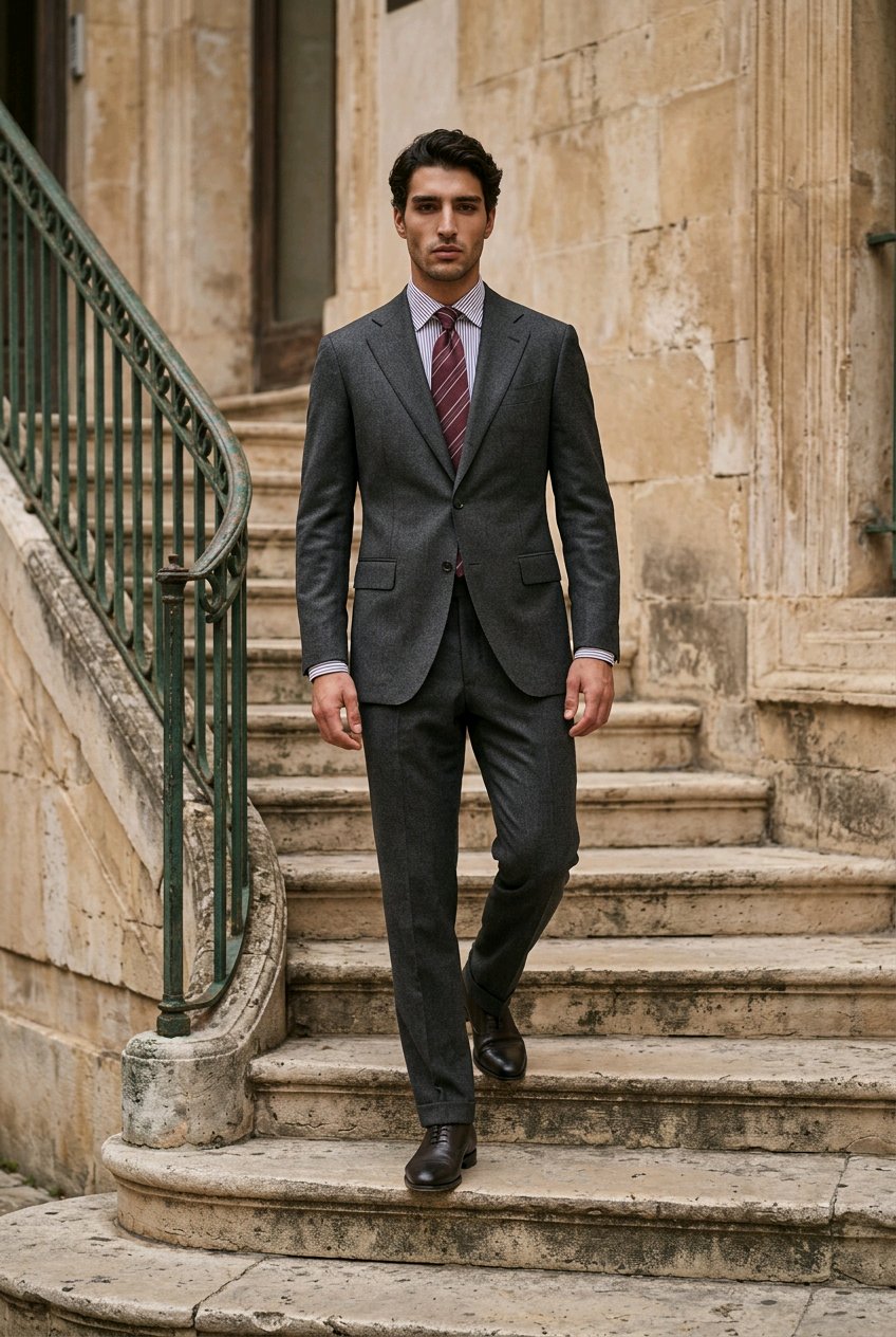A man wearing a dark gray two-piece suit, white dress shirt, and a red patterned tie walks down stone stairs in front of a historic building.