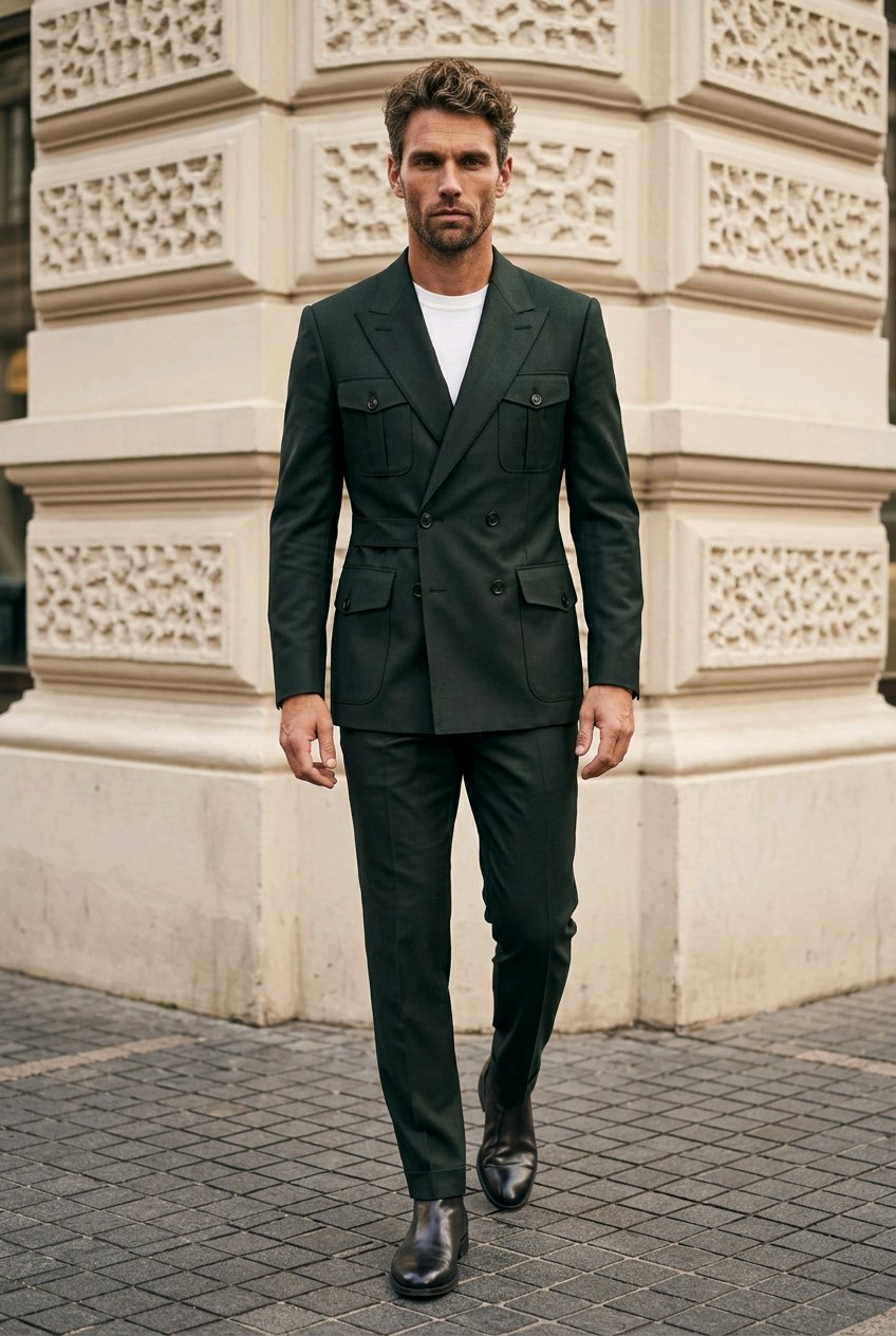 A man wearing a dark green double-breasted suit with a white crewneck t-shirt and black leather shoes, walking in front of a beige stone building.
